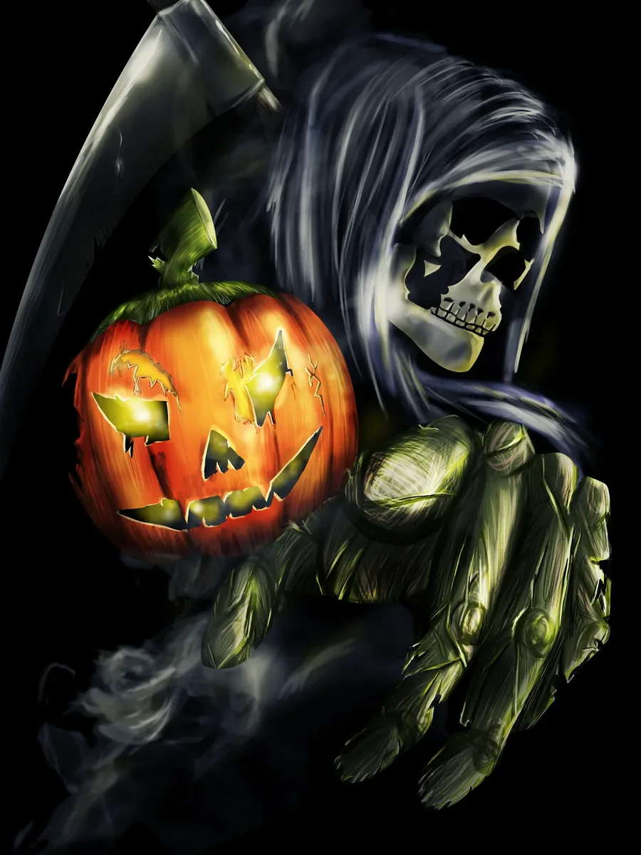 Ilustración digital de ÉTER: una figura encapuchada con una calabaza iluminada